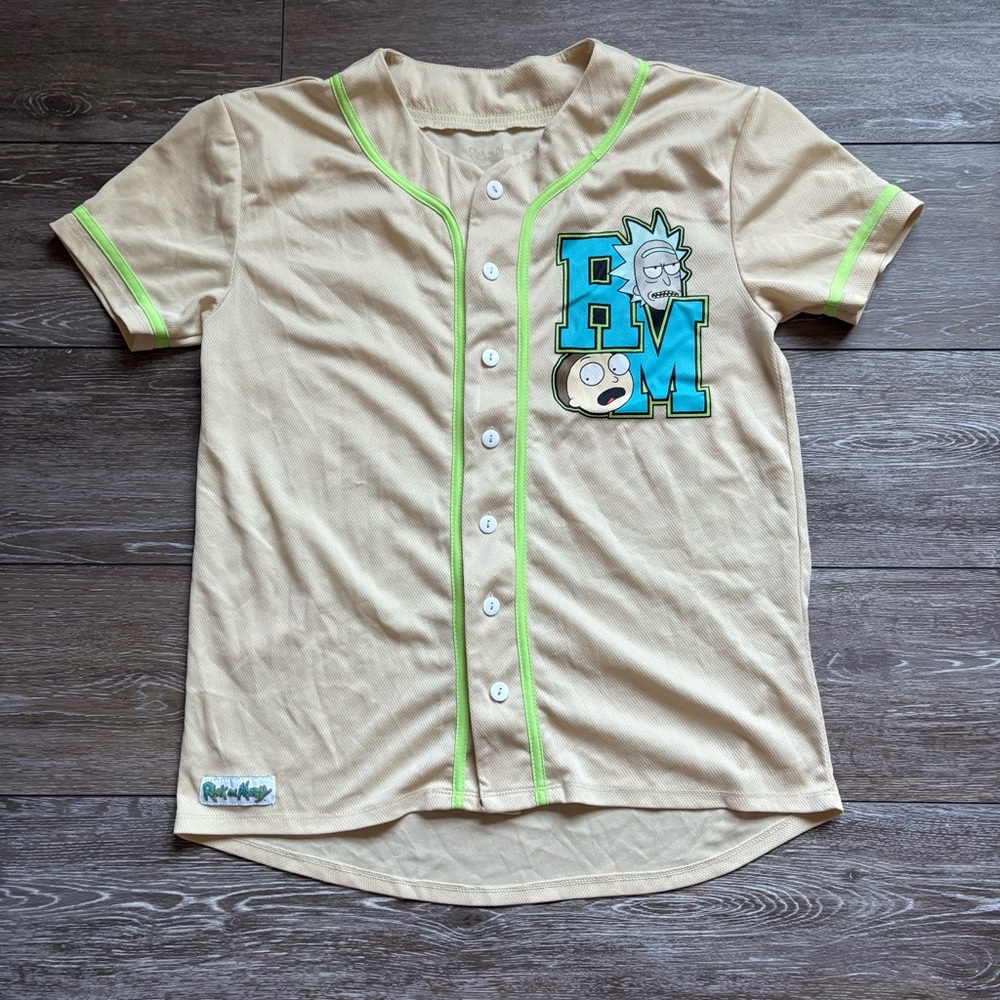 Rick and Morty‎ Baseball Jersey Small Tan Neon Trim Button Front Shirt